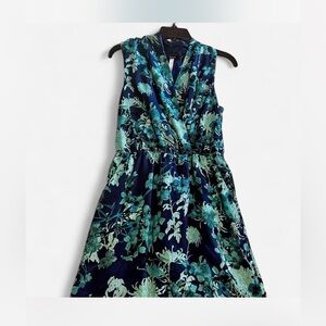 Kensie sz S Teal Navy Floral Dress sleeveless pullover pockets elastic waist